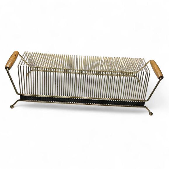 Mid-century modern brass and wood record magazine holder home - Picture 1 of 8